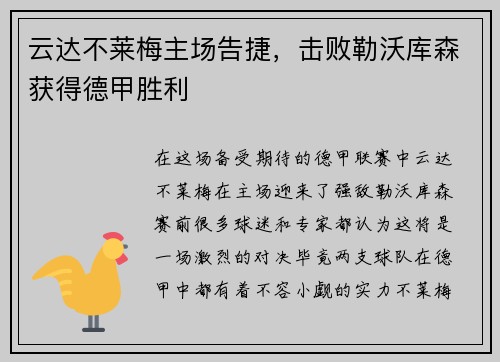 云达不莱梅主场告捷，击败勒沃库森获得德甲胜利